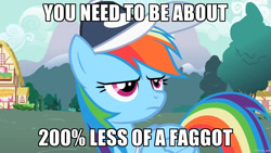 Size: 1280x720 | Tagged: safe, rainbow dash, pegasus, pony, faggot, image macro, meme, op is a faggot, slur, vulgar, wat