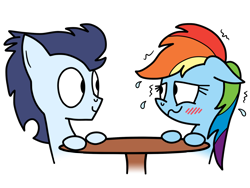 Size: 1024x768 | Tagged: safe, artist:cross, artist:greenlinzerd, rainbow dash, soarin', pegasus, pony, blushing, date, female, floppy ears, male, nervous, plewds, shaking, shipping, shy, simple background, smiling, soarindash, straight, sweat, table, transparent background