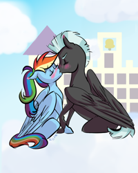 Size: 1024x1280 | Tagged: safe, artist:paris-the-platypus, derpibooru import, rainbow dash, thunderlane, pegasus, pony, blushing, cloud, female, floppy ears, kissing, male, ponytail, shipping, sitting, straight, thunderdash