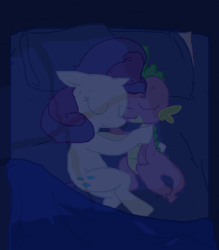 Size: 700x800 | Tagged: safe, artist:the weaver, rarity, spike, dragon, pony, unicorn, afterglow, aftersex, bed, blush sticker, blushing, cuddling, female, male, mare, shipping, sleeping, smiling, sparity, straight, sweat