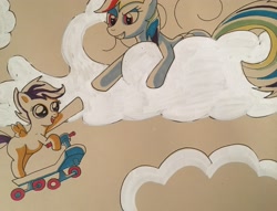 Size: 3585x2744 | Tagged: safe, artist:stammis, derpibooru import, rainbow dash, scootaloo, pegasus, pony, cloud, cute, cutealoo, high res, scootaloo can fly, scooter, traditional art