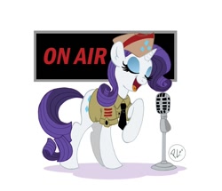 Size: 700x603 | Tagged: safe, artist:greenwiggly, rarity, pony, unicorn, clothes, cutie mark, female, hat, microphone, necktie, on air, simple background, singing, solo, uniform