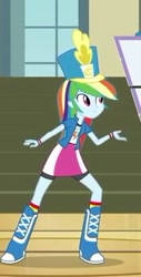 Size: 209x411 | Tagged: safe, derpibooru import, screencap, rainbow dash, equestria girls, friendship games, boots, bracelet, chs rally song, clothes, compression shorts, cute, dashabetes, feminism, hat, jewelry, rainbow dash always dresses in style, shako, shirt, skirt, smiling, socks, solo, sweatshirt, t-shirt, wristband