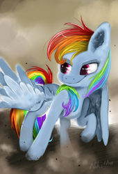 Size: 1440x2120 | Tagged: safe, artist:nikisha15, derpibooru import, rainbow dash, pegasus, pony, female, mare, raised hoof, smirk, solo, spread wings