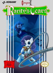 Size: 765x1053 | Tagged: safe, artist:foolyguy, nightmare moon, rarity, bat, pony, unicorn, bipedal, box art, castlevania, castlevania ii, hoof hold, konami, nintendo entertainment system, parody, simon's quest, style emulation, video game, whip