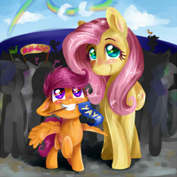 Size: 600x600 | Tagged: safe, artist:dearmary, fluttershy, rainbow dash, scootaloo, pegasus, pony, cloud, cute, cutealoo, flag, happy, mouth hold, rainbow, scootalove, sky, smiling, wonderbolts, yay