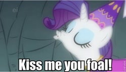 Size: 600x340 | Tagged: safe, edit, edited screencap, screencap, rarity, pony, unicorn, a dog and pony show, eyes closed, image macro, kissy face, solo