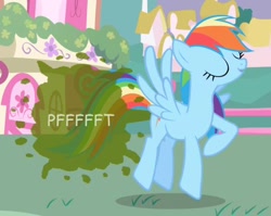 Size: 582x464 | Tagged: safe, artist:thedarkpony, derpibooru import, edit, edited screencap, screencap, rainbow dash, pegasus, pony, fart, fart edit, fart noise, female, onomatopoeia, rainbow sass, solo, sound effects