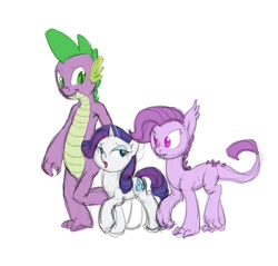 Size: 901x860 | Tagged: safe, artist:carnifex, rarity, spike, oc, oc:lavender, dracony, dragon, hybrid, pony, unicorn, family, female, interspecies, interspecies offspring, male, offspring, parent:rarity, parent:spike, parents:sparity, shipping, sparity, straight