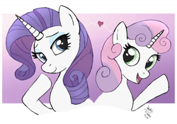 Size: 1300x910 | Tagged: safe, artist:joakaha, rarity, sweetie belle, pony, unicorn, abstract background, duo, duo female, female, filly, heart, horn, looking at each other, mare, open mouth, raised hoof, siblings, signature, sisters, white coat