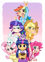 Size: 800x1096 | Tagged: safe, artist:lollipopcon, derpibooru import, angel bunny, applejack, fluttershy, pinkie pie, rainbow dash, rarity, spike, twilight sparkle, human, action poster, clothes, devil horn (gesture), evening gloves, gloves, hoodie, humanized, mane seven, mane six, necktie, pixiv, smugity, suspenders, sweater, sweatershy