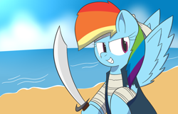 Size: 1280x823 | Tagged: safe, artist:wheatley, rainbow dash, pegasus, pony, beach, solo, sword, weapon