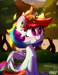 Size: 3479x4476 | Tagged: safe, artist:bloodatius, derpibooru import, rainbow dash, pegasus, pony, absurd resolution, cute, dashabetes, female, forest, hnnng, laurel wreath, leaf, mare, signature, sitting, smiling, solo