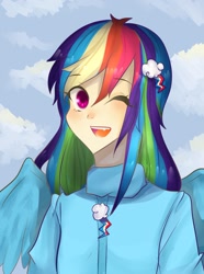 Size: 772x1035 | Tagged: safe, artist:hanamay8, rainbow dash, human, fangs, humanized, pixiv, solo, winged humanization