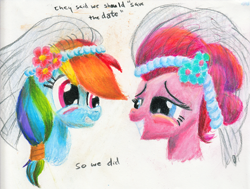 Size: 1024x775 | Tagged: safe, artist:kittyhawk-contrail, derpibooru import, pinkie pie, rainbow dash, earth pony, pegasus, pony, female, lesbian, pinkiedash, shipping, wedding