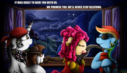 Size: 1250x722 | Tagged: safe, artist:jamescorck, pipsqueak, rainbow dash, oc, oc:cotton bucket, oc:movie slate, pegasus, pony, clothes, costume, hook, peter pan, pirate, pirate dash, stars