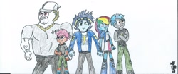 Size: 2338x979 | Tagged: safe, artist:triforce-treasure, derpibooru import, bulk biceps, rainbow dash, scootaloo, soarin', thunderlane, equestria girls, equestria girls-ified, traditional art