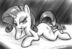 Size: 780x541 | Tagged: source needed, safe, artist:14-bis, rarity, pony, unicorn, bedroom eyes, draw me like one of your french girls, looking at you, monochrome, prone, sketch, smiling, solo