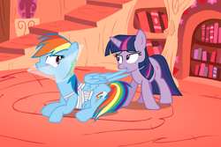 Size: 4000x2667 | Tagged: safe, artist:somepony, rainbow dash, twilight sparkle, unicorn twilight, pegasus, pony, unicorn, bandage, blushing, duo, elizabethan collar, female, golden oaks library, high res, lesbian, mare, preening, prone, shipping, show accurate, twidash