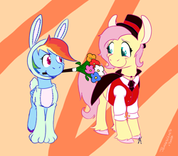 Size: 1000x877 | Tagged: safe, artist:jennatoldmeto, fluttershy, rainbow dash, pegasus, pony, bunny costume, cape, clothes, costume, female, flower, flutterdash, hat, lesbian, shipping, top hat