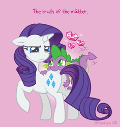 Size: 573x607 | Tagged: dead source, safe, artist:katiesketch, rarity, spike, dragon, pony, unicorn, biting, butt bite, cutie mark, eye contact, female, floppy ears, gem, hand on butt, looking at each other, male, mare, pink background, plot, raised hoof, shipping, simple background, sparity, straight, this will end in pain, unamused