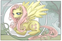 Size: 900x600 | Tagged: safe, artist:animatey, fluttershy, pegasus, pony, rabbit, animal, female, looking at you, mare, modern art, nouveau, prone, solo, spread wings, wings