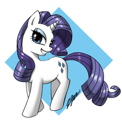 Size: 900x900 | Tagged: safe, artist:johnjoseco, rarity, pony, unicorn, abstract background, female, horn, looking at you, mare, signature, smiling, solo