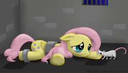 Size: 1500x860 | Tagged: safe, artist:nullh, fluttershy, mouse, pegasus, pony, bondage, crying, female, flutterbuse, mare, prison, sad