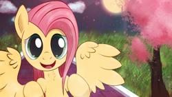 Size: 1920x1080 | Tagged: safe, artist:zipomon, fluttershy, pegasus, pony, cherry blossoms, cloud, female, flower, flower blossom, grass, mare, moon, open mouth, solo, tree, wings