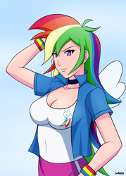 Size: 914x1280 | Tagged: safe, artist:sketchbits, rainbow dash, human, cleavage, equestria girls outfit, female, humanized, solo, winged humanization