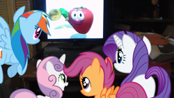 Size: 1696x954 | Tagged: safe, derpibooru import, rainbow dash, rarity, scootaloo, sweetie belle, pegasus, pony, unicorn, television, veggietales, watching