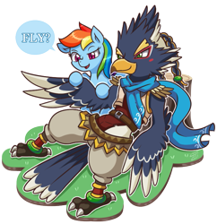 Size: 699x721 | Tagged: safe, artist:vavacung, derpibooru import, rainbow dash, pegasus, pony, crossover, revali, rito, the legend of zelda, the legend of zelda: breath of the wild