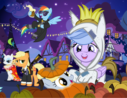 Size: 900x695 | Tagged: safe, artist:pixelkitties, derpibooru import, applejack, derpy hooves, rainbow dash, rarity, oc, oc:sleepy skies, earth pony, pegasus, pony, unicorn, clothes, costume, dracula, female, hot fuzz, mare, nightmare night, pixelkitties' brilliant autograph media artwork, pumpkin, the world's end, where the wild things are