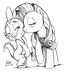 Size: 866x1000 | Tagged: safe, artist:pokelai, rarity, spike, dragon, pony, unicorn, black and white, female, grayscale, interspecies, kissing, male, monochrome, shipping, sparity, straight, traditional art