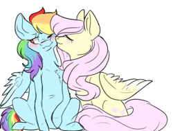 Size: 448x339 | Tagged: safe, artist:awkwardangelfox, derpibooru import, fluttershy, rainbow dash, pegasus, pony, female, flutterdash, lesbian, mare, nuzzling, shipping, simple background, white background