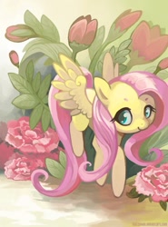 Size: 800x1080 | Tagged: safe, artist:mazzlebee, fluttershy, pegasus, pony, female, flower, flying, looking at you, looking sideways, looking up, mare, smiling, solo, spread wings, three quarter view, wings