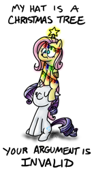 Size: 333x605 | Tagged: safe, artist:zicygomar, fluttershy, rarity, pegasus, pony, unicorn, fluttertree, meme, pony hat, your argument is invalid