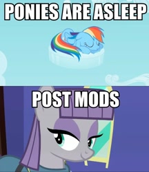 Size: 520x602 | Tagged: safe, derpibooru import, edit, edited screencap, screencap, maud pie, rainbow dash, earth pony, pegasus, pony, :o, caption, cloud, cute, dashabetes, female, floppy ears, image macro, lidded eyes, mare, meme, mods are asleep, mods are asleep post ponies, name pun, open mouth, prone, pun, role reversal, sky, sleeping, sleepydash, smiling, text, visual pun, when she smiles