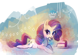 Size: 1280x906 | Tagged: safe, artist:purplekecleon, rarity, pony, unicorn, cake, eating, solo