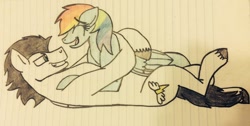 Size: 1024x518 | Tagged: safe, artist:pimpartist101, rainbow dash, soarin', pegasus, pony, backwards cutie mark, female, lined paper, male, old cutie mark, on back, shipping, soarindash, straight, traditional art