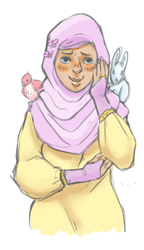 Size: 425x739 | Tagged: safe, artist:morbi, fluttershy, bird, human, rabbit, hijab, humanized, islam, islamashy, solo