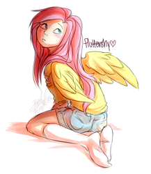 Size: 800x920 | Tagged: safe, artist:zobobafoozle, fluttershy, human, 2010s, 2012, ambiguous race, ass, behind, blushing, butt, clothes, denim shorts, freckles, humanized, kneeling, looking back, looking up, name, pink hair, shadow, shorts, simple background, sitting, socks, solo, three quarter view, white background, white socks, winged humanization, wings