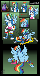 Size: 2540x4850 | Tagged: safe, artist:stormblaze-pegasus, derpibooru import, rainbow dash, pegasus, pony, equestria girls, absurd resolution, alice in wonderland, belly button, boop, boots, bracelet, clothes, comic, compression shorts, dock, drink me, elixir, human to pony, midriff, parody, pony ears, ponytail, rainbow socks, self-boop, sitting, skirt, skirt lift, socks, striped socks, torn clothes, transformation, underhoof, wings, wristband