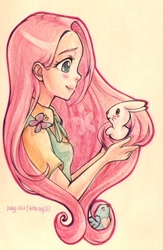 Size: 354x542 | Tagged: safe, artist:kerriwon, angel bunny, fluttershy, bird, human, humanized, traditional art