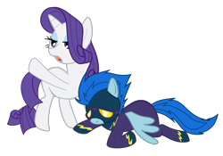 Size: 1624x1137 | Tagged: safe, artist:dotrook, nightshade, rarity, pony, unicorn, clothes, costume, duo, goggles, missing cutie mark, sad, shadowbolts, shadowbolts costume, simple background, transparent background