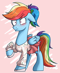 Size: 1090x1308 | Tagged: safe, artist:nolycs, derpibooru import, rainbow dash, pegasus, pony, alternate hairstyle, blushing, clothes, commission, cute, dashabetes, female, mare, moe, pleated skirt, ponytail, rainbow dash always dresses in style, skirt, skirt lift, solo