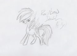 Size: 2344x1701 | Tagged: safe, artist:1flynnia1, rainbow dash, pegasus, pony, filly, filly rainbow dash, monochrome, sketch, solo, traditional art