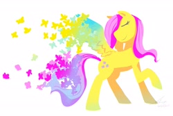 Size: 2700x1800 | Tagged: safe, artist:stupidyou3, fluttershy, butterfly, pegasus, pony, eyes closed, raised hoof, simple background, solo, spread wings, white background