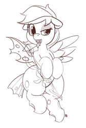 Size: 1280x1900 | Tagged: safe, artist:pabbley, derpibooru import, rainbow dash, changeling, pegasus, pony, 30 minute art challenge, disguise, fangs, monochrome, shapeshifting, solo, tongue out