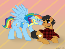 Size: 1200x900 | Tagged: safe, artist:serra-no, derpibooru import, quibble pants, rainbow dash, pegasus, pony, alternate hairstyle, beard, blushing, clothes, facial hair, female, flannel, kissing, male, quibbledash, shipping, story in the source, straight, uniform, wonderbolt trainee uniform